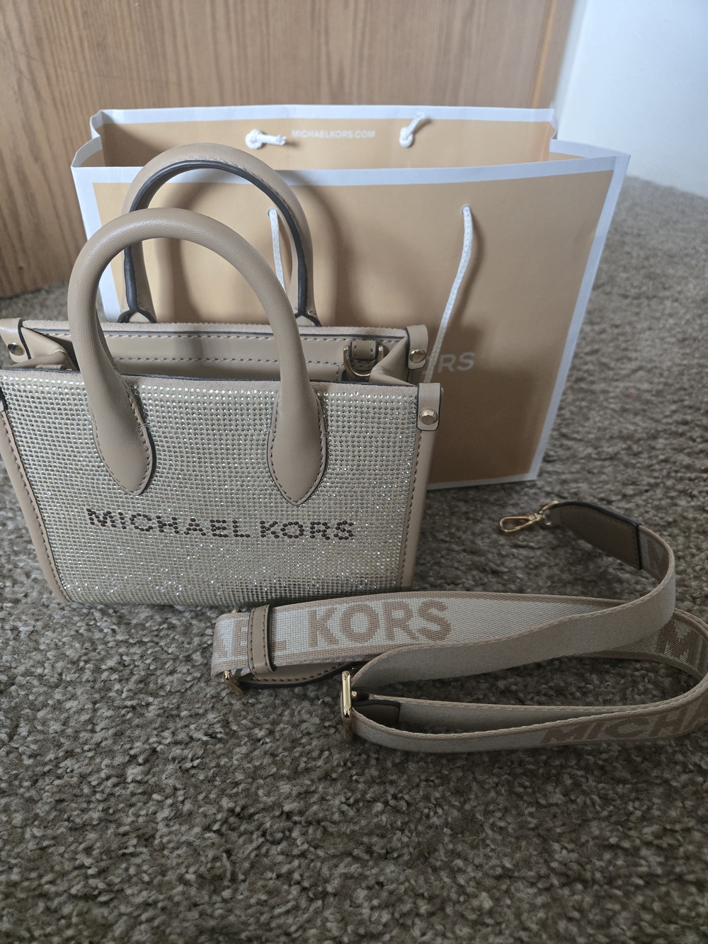 Michael Kors Beige Crystal-Embellished Mini Tote